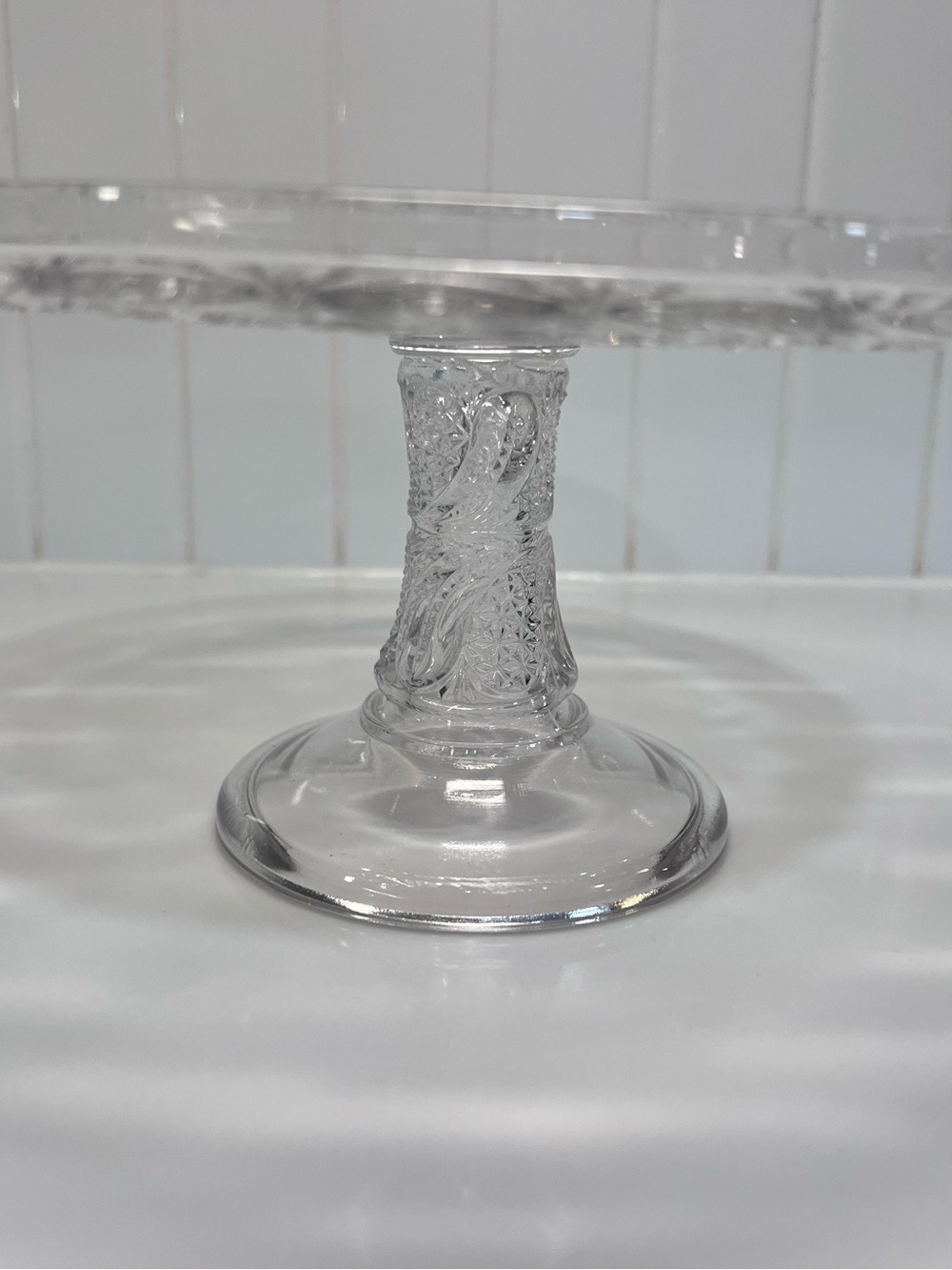 Antique 1890 McKee Glass Feather Pattern High Cake Stand Clear Pedestal EAPG 9” - Picture 2 of 7